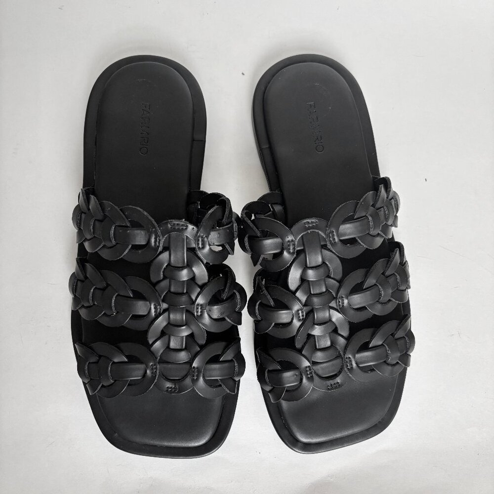 Farm Rio Leather Black Sandals Slides Knotted Braided Slip on Flat Woven 9 40